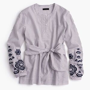 J. Crew Embroidered Navy/Red Pinstripes Tie Front Blouse (NWT)